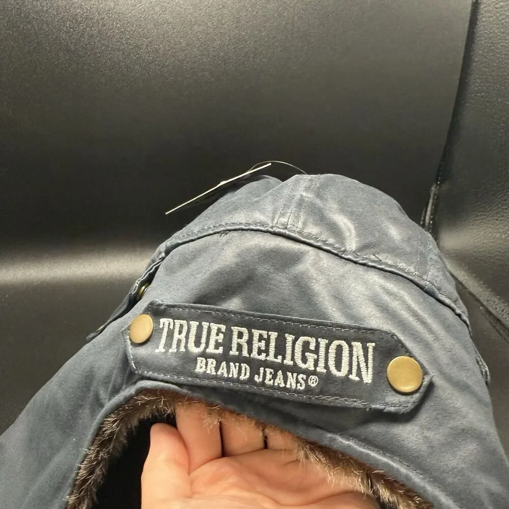 New True Religion Trapper Hat One Size Blue Faux Fur Lined Snap Ear Flaps